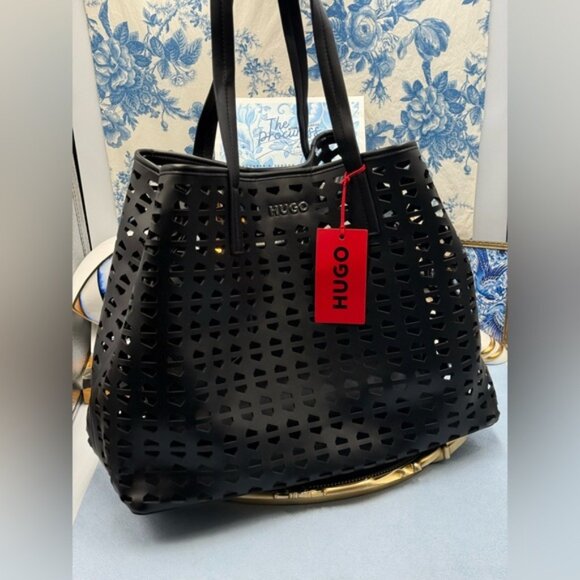 🆕 HUGO 🧿 NWT CHRIS Laser Cut Shoulder Bag Set - Tote Bag & Pouch - Black - Picture 4 of 16